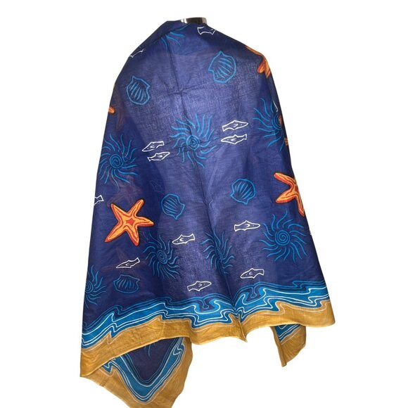 Bijoux Terner 100% Cotton Beach Pareo Starfish Shell Blue Yellow Coastal Design - Picture 1 of 12